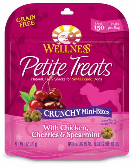 Wellness Petite Treats Grain Free Natural Crunchy Mini-Bites Chicken, Cherries and Spearmint Recipe Small Dog Treats