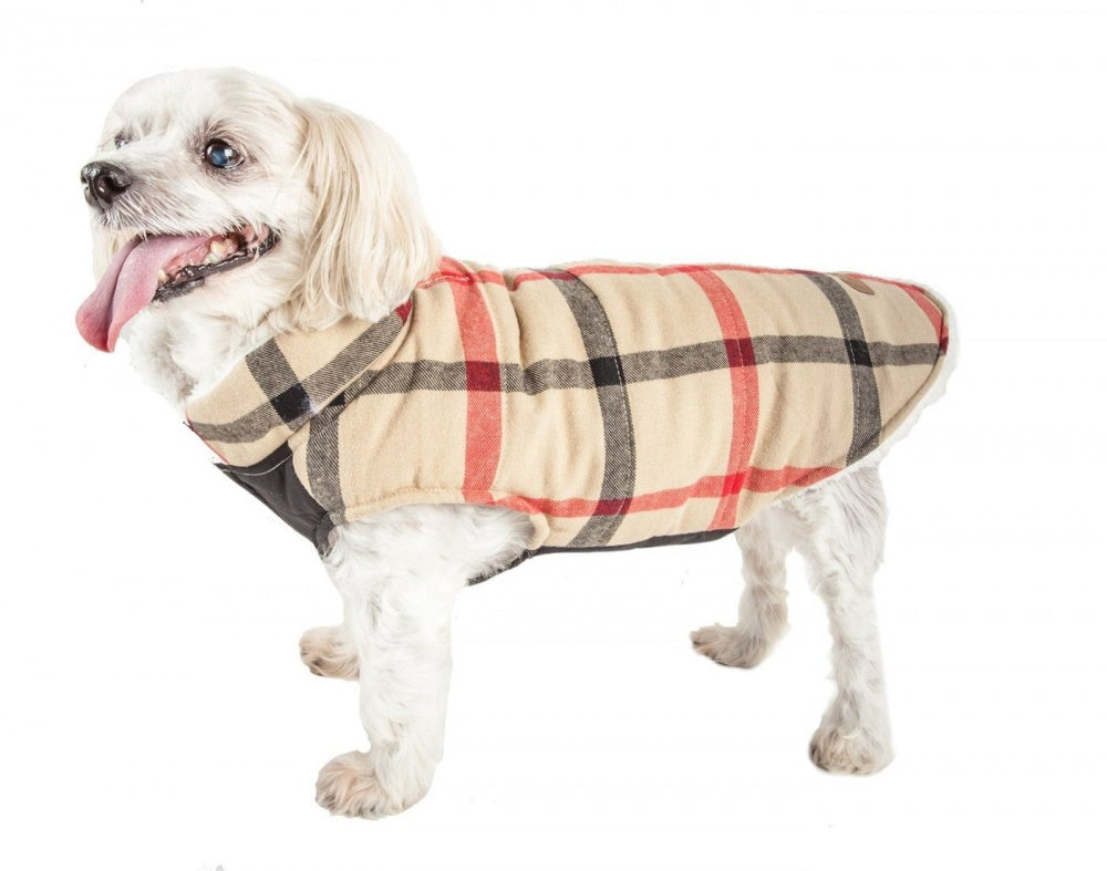 Pet Life Allegiance White & Red Plaid Insulated Dog Coat