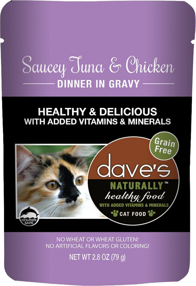 Dave's Naturally Healthy Sauccy Grain Free Tuna & Chicken Dinner in Gravy Cat Food Pouch